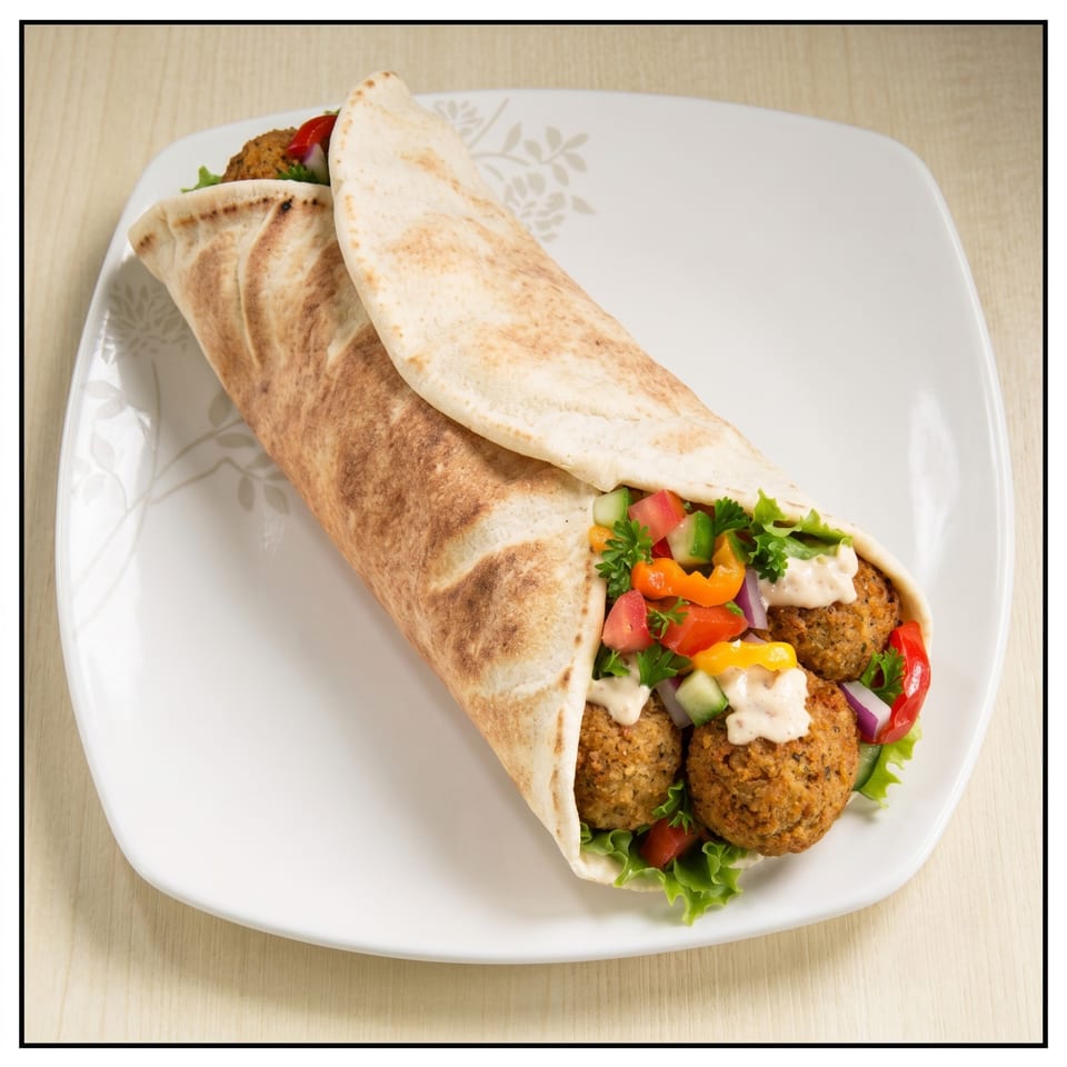 A falafel wrap with lettuce, tomatoes, cucumbers, bell peppers, and sauce on a white plate.