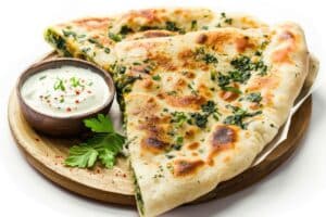 Afghan Bolani, Thin Crispy Flatbread Stuffed with a Savory Filling of Potatoes, Spinach, or Pumpkin, Herbs and Spices with Yogurt or Chutney Dipping, Generative AI Illustration